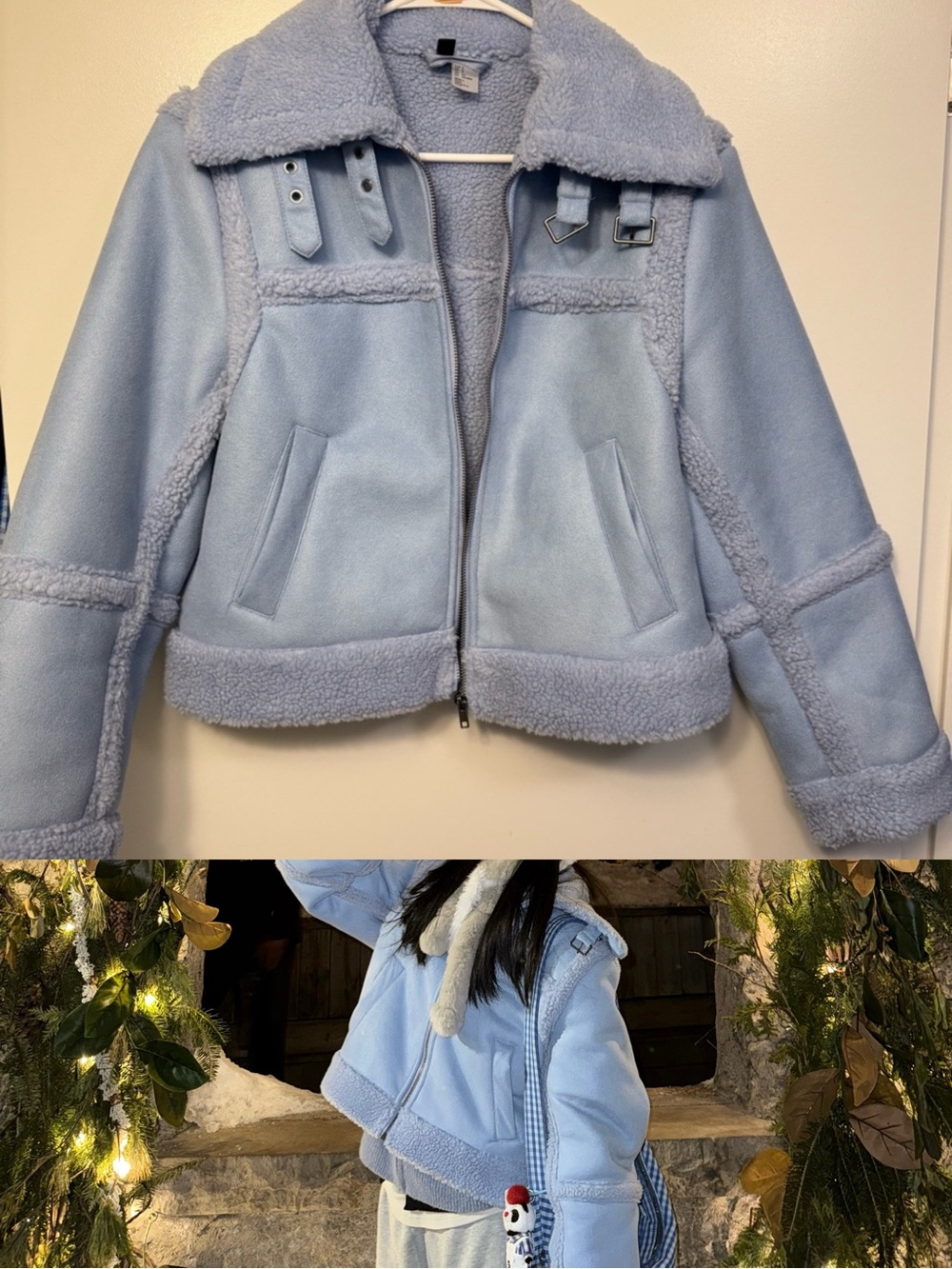 H&M Light Blue Sherpa Crop Aviator Jacket